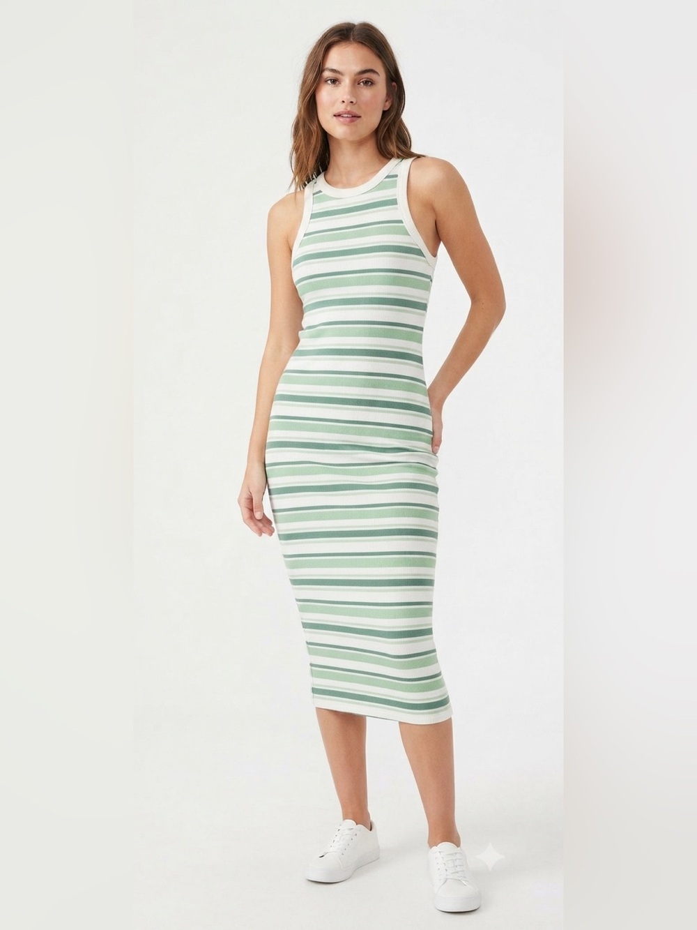 Aeropostale Ribbed Green/White Striped Bodycon Midi Dress Size Medium